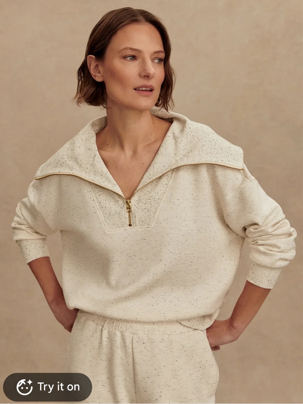 Varley Catherine half-zip sweatshirt- Ivory Mark Fleck - size large